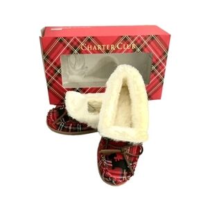 Charter Club Red and Black Plaid Slippers with Cream Faux Fur